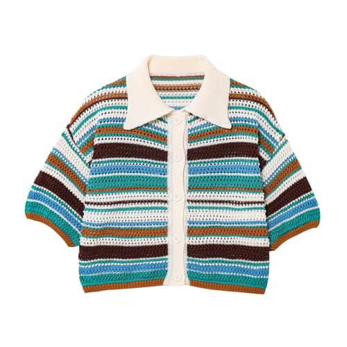 TUREAU Womens Cropped Short Sleeve Polo Sweater Striped Button Up